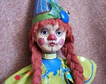 Echo -- a cloth and clay Raggedy Clown art doll by Jan Conwell