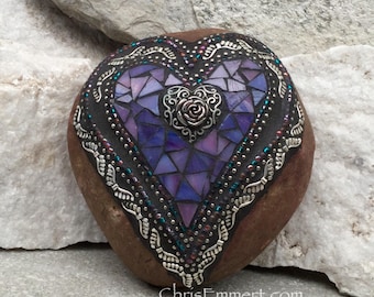 Purple Angel Wing Mosaic Heart, Mosaic Rock, Garden Stone, Home Decor, Gardener Gift, Garden Decor,