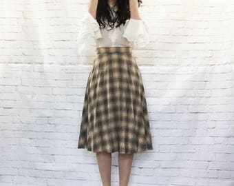 Vintage 70s Pleated Illusion Plaid Wool Flared Knee Midi Skirt XS S Gray Peach Gradient
