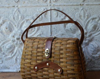 1960's Brown Rattan And Leather Basket Purse