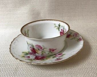 Limoges France A. L. Lanternier Ramekin with Saucers Pink & White Rose Gold Rim