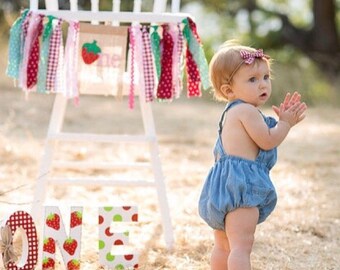 Strawberry Party - Gingham - hand painted - freestanding wooden age blocks - ONE