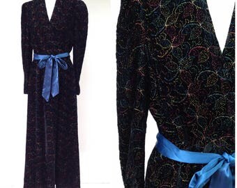 Vintage 1930s Black Velvet with Rainbow Floral Embroidery Dressing Gown Robe / Women's XS / 30s Art Deco Full Length Robe Loungewear