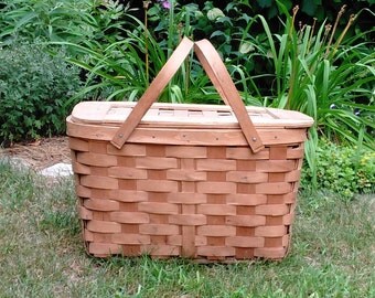 Vintage Wooden Weave Picnic Basket - Wooden Picnic Basket - Storage Basket