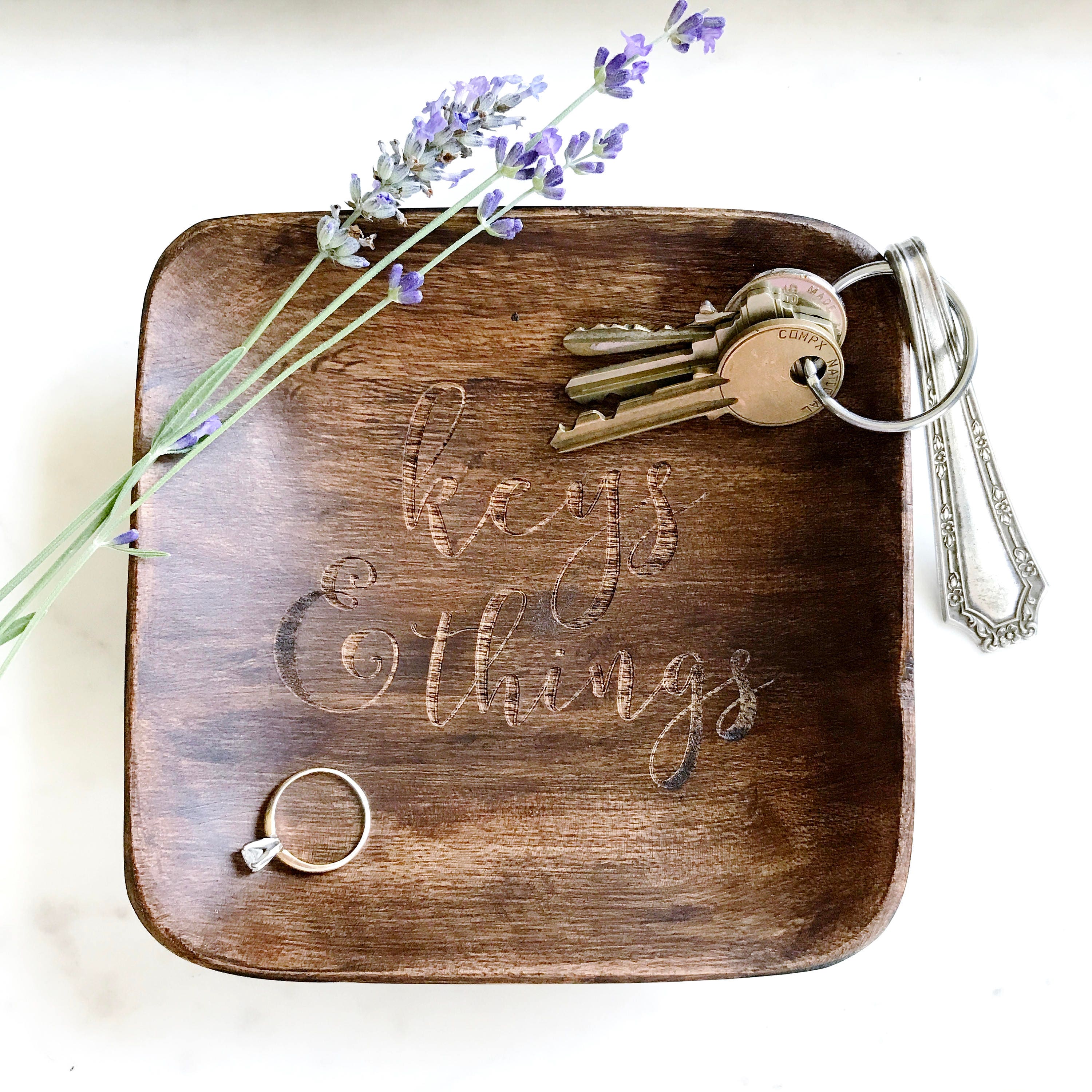 Keys & Things. Engraved wood key dish. Trinket Tray for front