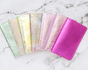 Natural leather credit card wallet. Business card case. Double credit card holder. Metallic leather wallet.Mixed metals Rose gold hologram