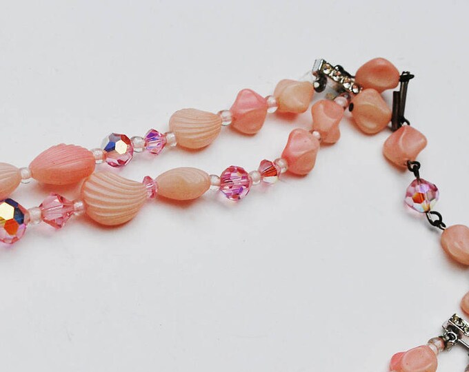 Double Strand Pink Bead Necklace - Crystal glass - Vintage plastic Shell -Rhinestone - Mid century