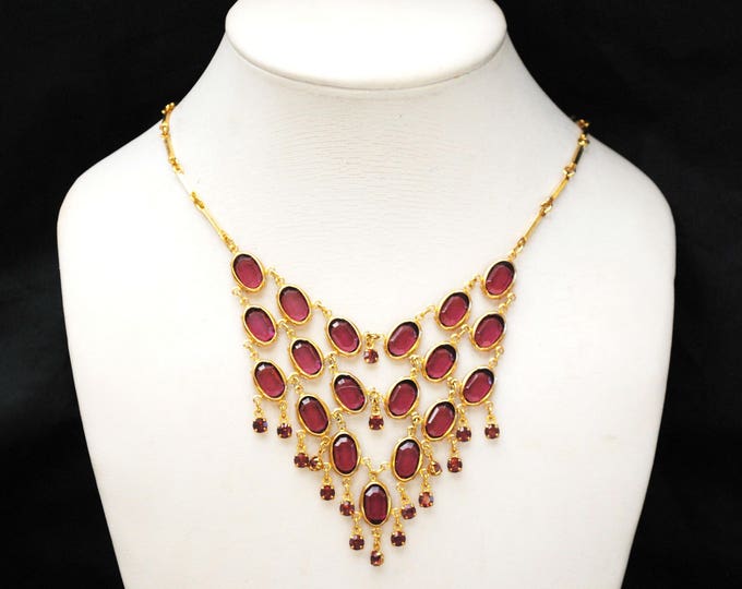 Purple Crystal Bib Necklace - Amethyst Glass Rhinestone - gold plated metal - dangle -