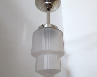 Smaller French Art Deco SKYSCRAPER Hanging Light Fixture 1930s-Rich Sculptured Deco Details-Great Condition