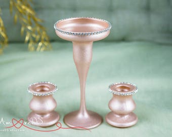 Rose Gold Candles Holder, Wedding Pillar Candle Holders, Rustic Chic Glass Holder, Unity Candles Holder, Gold Wedding, Personalized, 3pcs