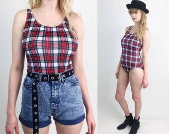 90's Red Plaid One Piece Swimsuit Bodysuit Size 4/6 - Grunge Schoolgirl One Piece Vintage Bathing Suit - 1990's Low Back Swimsuit One Piece