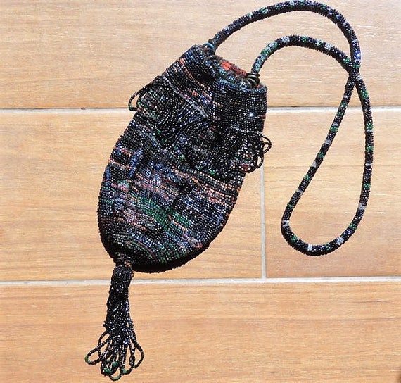 Art Deco Drawstring Purse Handbag Pouch Reticule Bag Fringe Tassel Flapper Fashion Czech Glass Micro Bead Peacock Carnival Iridescent
