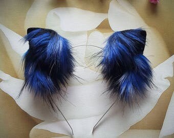 Galaxy Black-Blue Fluffy Kitten-Play Animal Cosplay Ears Kitten-Gear Ears Handmade Costume Faux Fur Black-Blue Ears