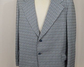 Vintage Men's Sport Coat Jacket 48R Extra Large XL Big Lapels Seventies 70s Blue Black White Diamond Weave The Dimension Shop Big and Tall