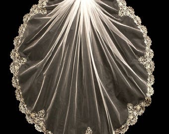 Beaded Gold Embroidery Wedding Veil In Elbow, Fingertip or Cathedral Length - Free Sample Swatches