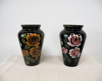 Vintage French Black Amethyst Glass Vase Set