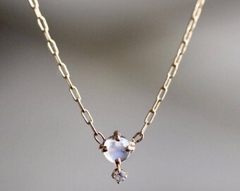 14k Moonstone Diamond Necklace, Moonstone Necklace, Solid Gold Necklace, Minimal Necklace, layering necklace