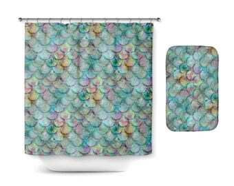 Mermaid shower curtain, Beach bathroom Decor, Colorful Fish Scale Shower Curtain, Bath Mat, Bathroom Floor mat