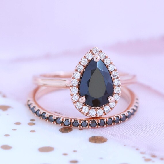Pear Cut Engagement Ring and Half Eternity Black Diamond
