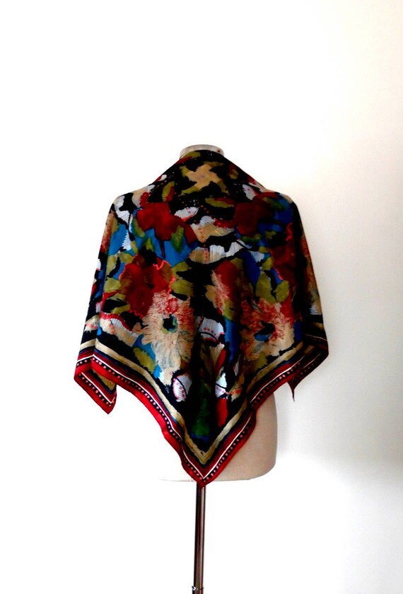 Bold painted floral scarf / butterfly / colourful / red / rust