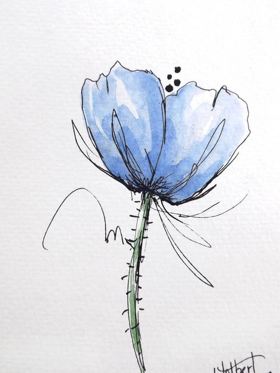 Poppy Flower Blue Original Watercolor Art Painting Pen and Ink