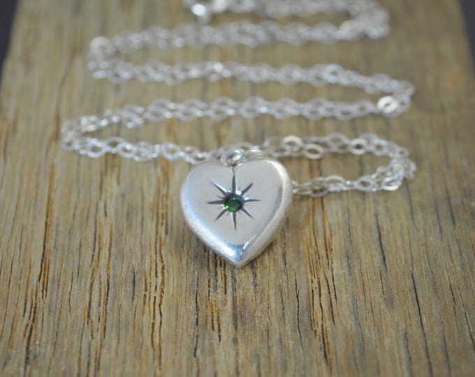 Silver Heart Necklace, Mothers Necklace, Emerald Necklace, Dainty Heart Necklace, Mothers Emerald Necklace, May Necklace, Emerald Birthstone
