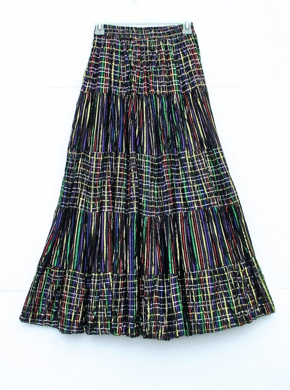 Black Broomstick Maxi Skirt Tiers Pleats Sparkly Metallic