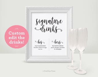 Signature Drinks Bar Sign Custom Template | 8x10 Instant Download | Wedding Bar Table Printable, His & Hers, Black Navy Gray, Bride Groom