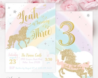 Unicorn Birthday Invitation, Unicorn Party Invitation, Unicorn Girl Birthday Invite, Magical Party Invite, Any Age! Stars, Rainbows - Leah