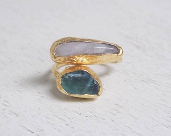 Green Tourmaline Ring, Moonstone Ring, Crystal Ring, Gemstone Ring, Minimalist Ring, Two Stones Ring, Gold Statement Ring Gift For Her D3-39