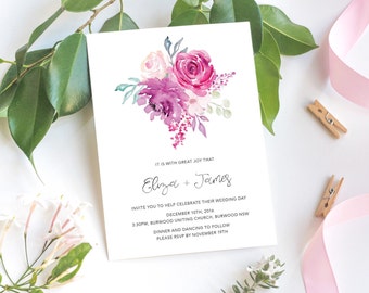 Blush Watercolor Wedding Invitation / Boho Floral Wedding Invites / Printable Wedding Invitation Sets / Pink Watercolour Wedding Invites DIY