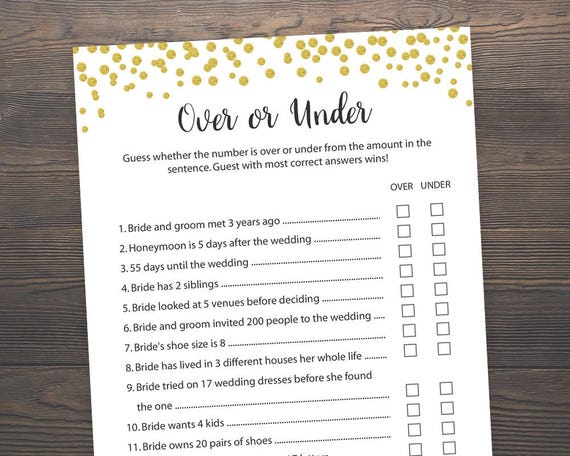 Over or Under Game Bridal Shower Games Printable Bridal