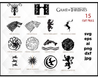 Game of thrones Svg, Game of thrones Cut files, Clipart, Game, stark logo, lannister, baratheon, targaryen, clegane, Martell, Arryn, Houses