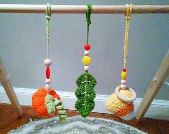 Baby gym toy set Autumn | crochet baby shower gift | pumpkin rattle candy corn rattle toy w/ wooden & silicone teether beads | READY TO SHIP