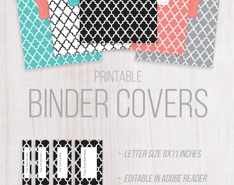 Printable Binder Covers, Letter Size, Editable Text. Quatrefoil style, Black, Teal, Gray, White, Coral, Instant Download, Organizer, Planner