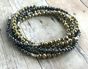 Multi Wrap Bracelet or Long Necklace, Hill Tribe Sterling Silver Bracelet, Small Stone Hematite Jewelry, Tiny Bead Mixed Metal Necklace