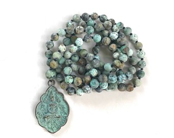 Buddha Pendant Mala Beads, African Turquoise Mala Necklace, Knotted 108 Bead Mala, Buddha Necklace, Yoga Meditation Beads, Yoga Jewelry