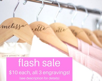 SALE! Personalized Bridesmaid Hanger - Wooden Engraved Hanger - Bridal Dress Hanger Calligraphy names dates and titles!!