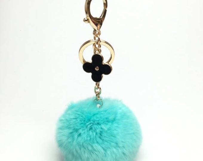 Aqua fur pom pom keychain REX Rabbit fur pom pom ball with flower bag charm