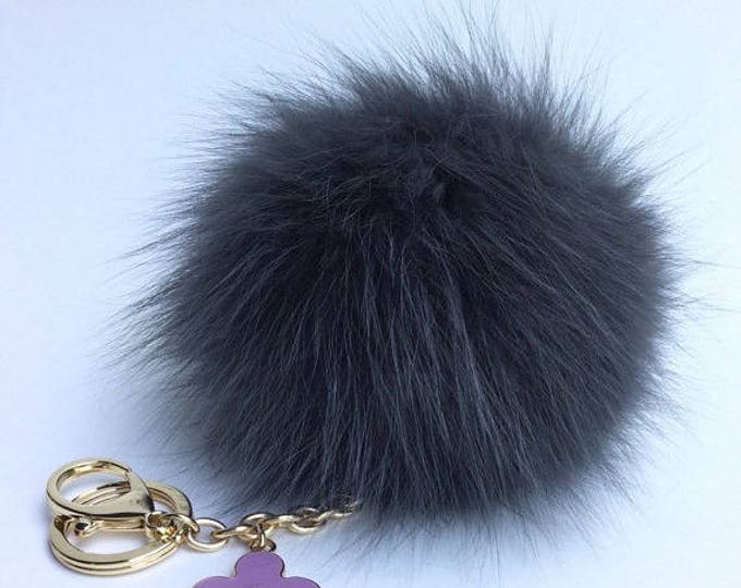 Dark Gray Fur Pompon bag charm pendant Fur Pom Pom keychain with flower charm