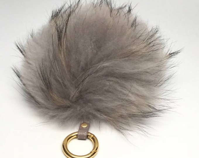 Pom-pom bag charm, fur pom pon keychain purse pendant in light gray