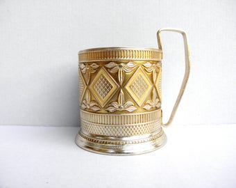 Vintage glass holder, metal glass - holder hand painted , Russian tea glass holder, Podstakannik.