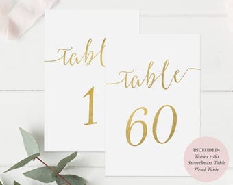 Gold Table Number Printable set of 1-60 - Instant Download PDF - Gold Faux Foil - Wedding Table Cards Gold - 4x6 inches - #GD0814