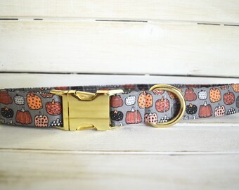 Halloween Dog Collar, Pumpkin, Grey Dog Collar, Oranges, Boy Dog Collar, Girl Dog Collar, Male, Gold Metal Buckle