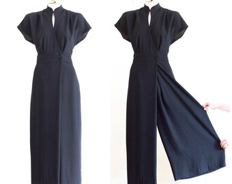 Black palazzo pants jumpsuit with mandarin collar and satin trim