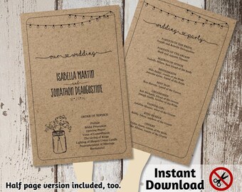 Printable Wedding Program Fan Template - Rustic Mason Jar, Fairy Light, Baby Breath, Kraft Paper - PDF Instant Download Booklet - Half page