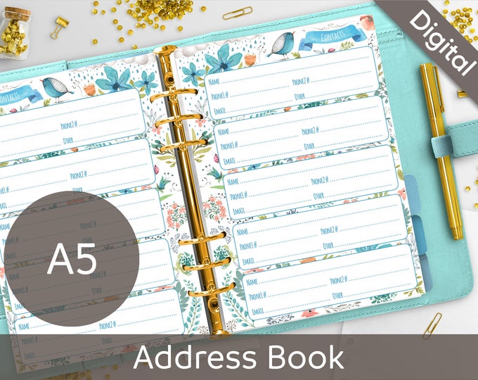 A5 Address Book Printable, Contacts, Filofax A5 printable refills, Contact Sheets, Arinne Blue Bird DIY Planner PDF Instant Download