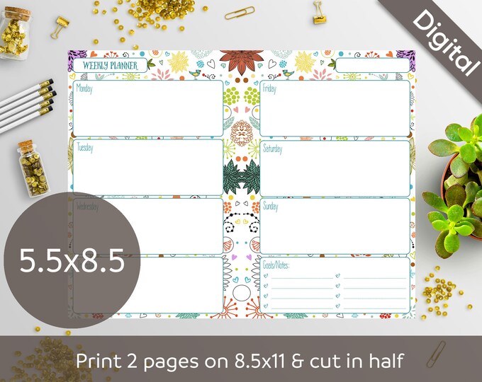 5.5x8.5 Weekly Planner Printable, Undated Weekly, 2 layouts, WO2P, WO1P, Half size, Syasia Cute Floral DIY Planner PDF Instant Download