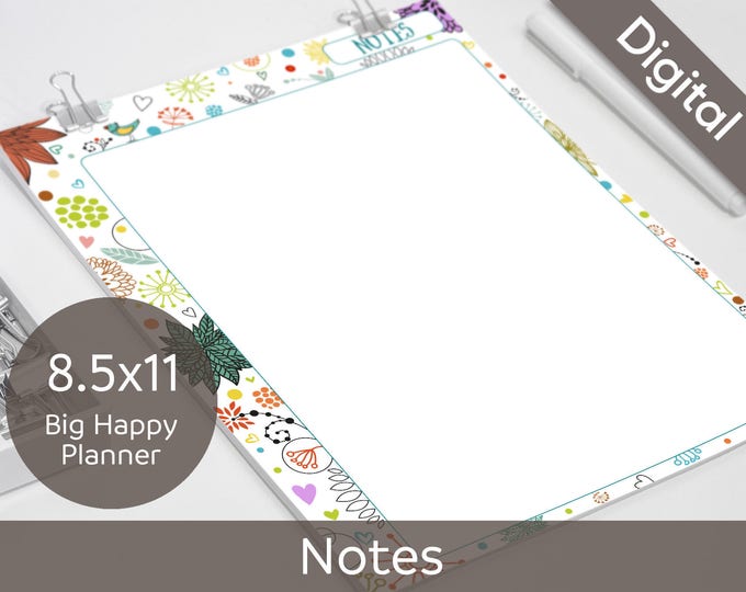 8.5x11 Notes, Printable Notes refills, Big Happy Planner, Letter size, Syasia Cute Floral Day Organizer, DIY Planner PDF Instant Download