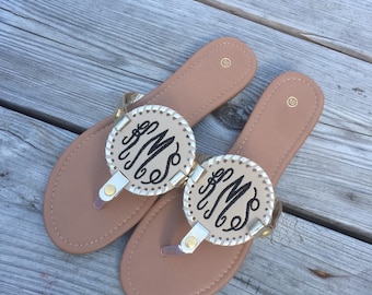 Monogram Sandals, Monogrammed embroidered sandals, monogrammed disk sandals, champagne, navy, baseball, white, black, softball, rose